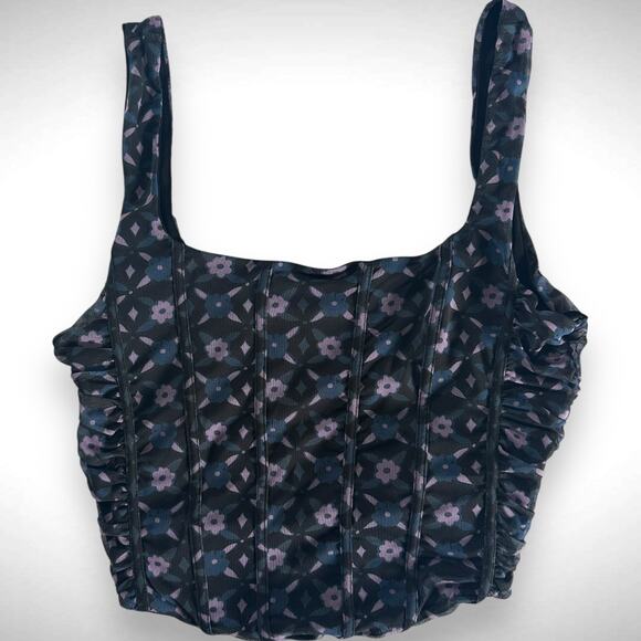 Free People XL Galaxy Square Neck Corset Crop Top Blue Purple Floral Mesh Side - Picture 3 of 10